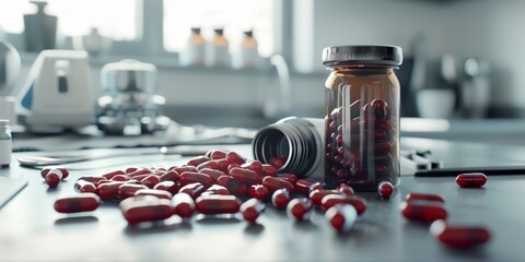 pills spilling from an open bottle onto a table - obrazy, fototapety, plakaty