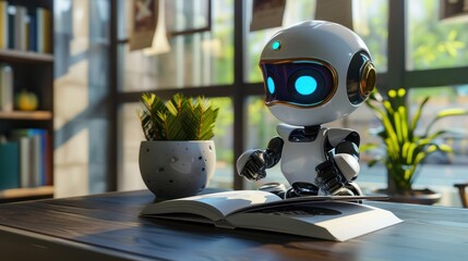 Little cute robot reading notebook at a desk, cartoon style, mini robot, android robot, near-future technology