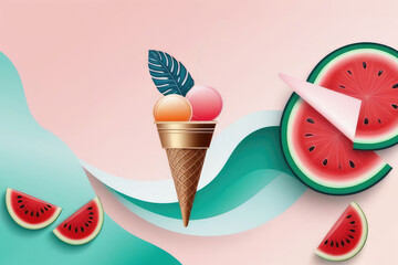 Template for summer poster, banner or postcard with watermelon, monstera leaves and red popsicle on...