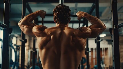 Muscular man workout in gym, doing exercise for back lat pulldown.