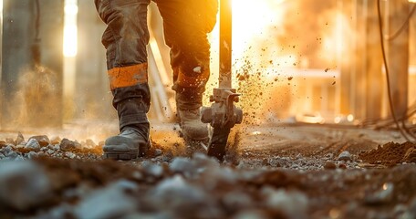 Worker operating a jackhammer, dynamic close-up, morning light, wide angle, action frozen in time. 