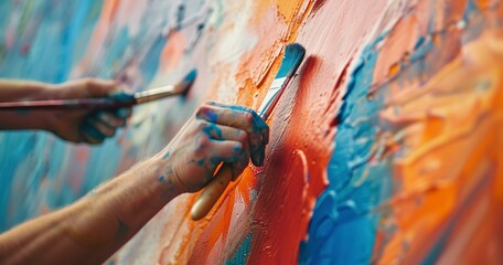 Painter with brush on wall, close-up, afternoon light, ultra-wide lens, vibrant color application. - obrazy, fototapety, plakaty