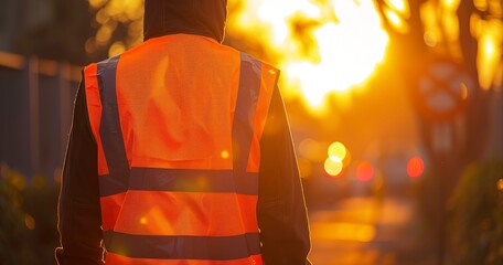 Reflective safety vest at twilight, close view, golden hour, wide lens, visibility highlighted. - obrazy, fototapety, plakaty