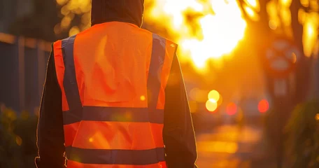 Foto op Plexiglas Reflective safety vest at twilight, close view, golden hour, wide lens, visibility highlighted. © Thanthara