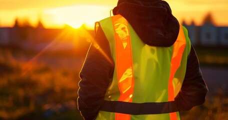 Reflective safety vest at twilight, close view, golden hour, wide lens, visibility highlighted.