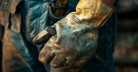 Worker's gloves gripping a tool, close-up, afternoon light, wide angle, emphasis on grip and protection.