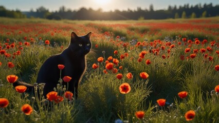 a black cat on the background of a poppy field and mountains, the bright sun is shining, the cat is walking