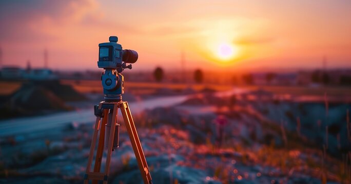 Surveying equipment on site, close-up, sunrise, wide angle, sharp clarity, planning precision. 