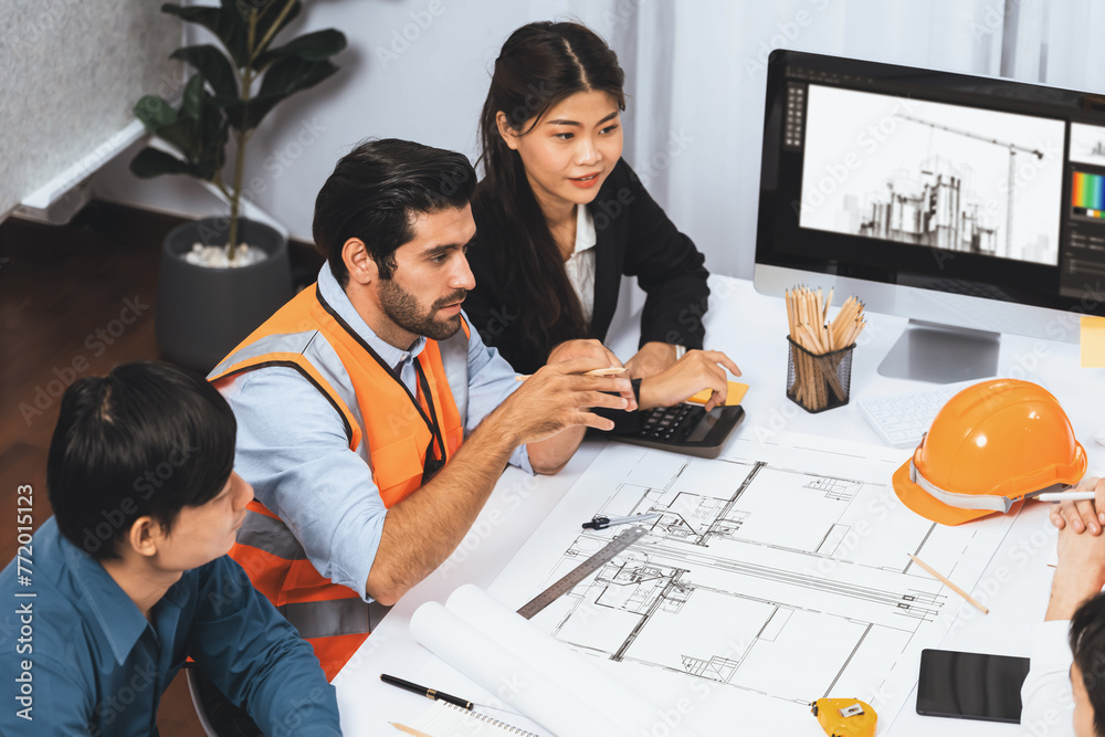 Poster diverse group of civil engineer and client working together on architectural project, reviewing cons