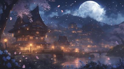アニメゲームの村の景色、童話、月明かりの村、茅葺きの小屋、石畳の道、輝く提灯、柔らかい月光、きらめく光、絵本のような風景 - obrazy, fototapety, plakaty