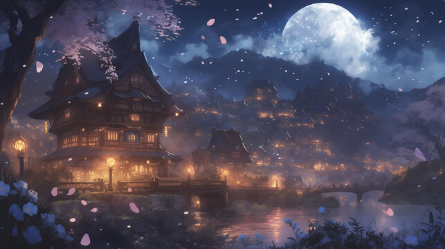 アニメゲームの村の景色、童話、月明かりの村、茅葺きの小屋、石畳の道、輝く提灯、柔らかい月光、きらめく光、絵本のような風景