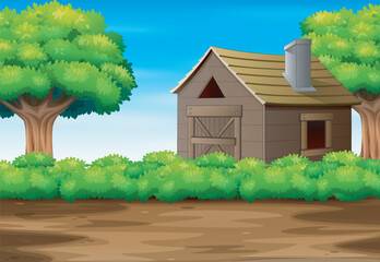 Nature landscape background with tree and house