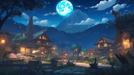 anime background, halloween night in the village, moonlit village, with thatched cottages, cobblestone paths, glowing lanterns, soft moonbeams, twinkling lights, storybook, enchanting glow - obrazy, fototapety, plakaty