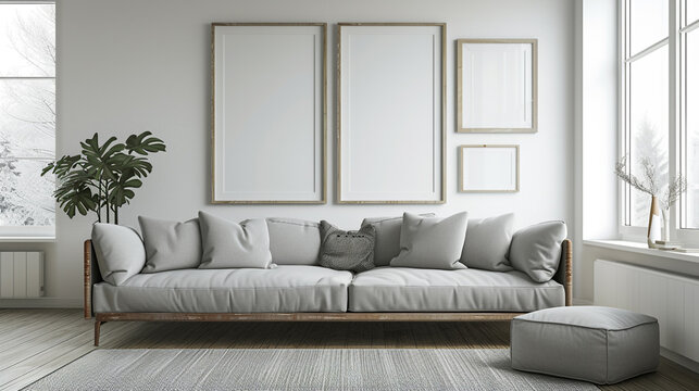 An inviting image capturing a modern Nordic-style lounge, showcasing a light gray couch and white frames that create a clean and inspiring backdrop for artistic endeavors.