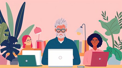 Colorful illustration of a multi-generational, diverse team working on laptops, surrounded by houseplants in a cozy home office environment. Illustration of Diverse Team Working Remotely

