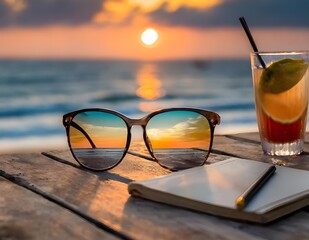 sunglasses and a drink on a beach with a book and a book, summer concept, generative Ai.
