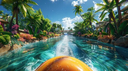 Dynamic 3D illustration of a tube ride through a lush, vibrant water park landscape, from a first-person perspective