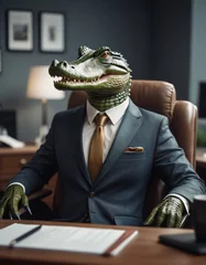 Foto op Plexiglas anthropomorphic human crocodile CEO in a business suit sits in a chair in his office © BoTanya