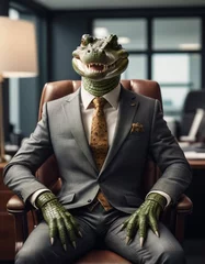 Poster anthropomorphic human crocodile CEO in a business suit sits in a chair in his office © BoTanya