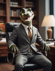 Fotobehang anthropomorphic human crocodile CEO in a business suit sits in a chair in his office © BoTanya