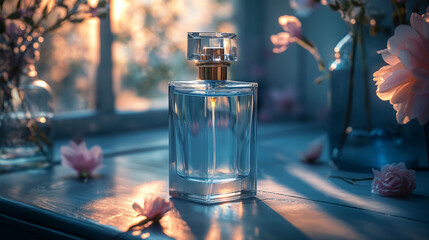 Transparent perfume bottle on a blue background with flowers next to a window - obrazy, fototapety, plakaty