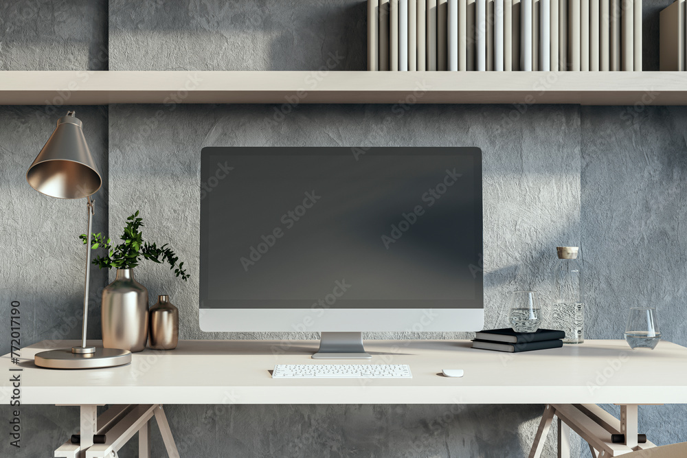 Poster Close up of luxury designer workplace with empty mock up computer screen. 3D Rendering.