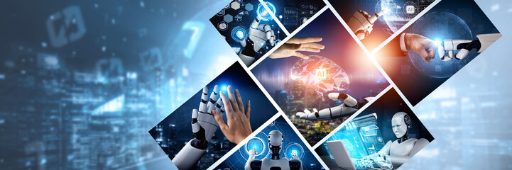 Human interact with AI artificial intelligence virtual assistant robot. Concept of AI artificial...
