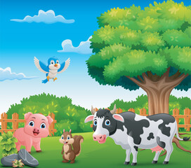 Cute farm animals cartoon in farm landscape