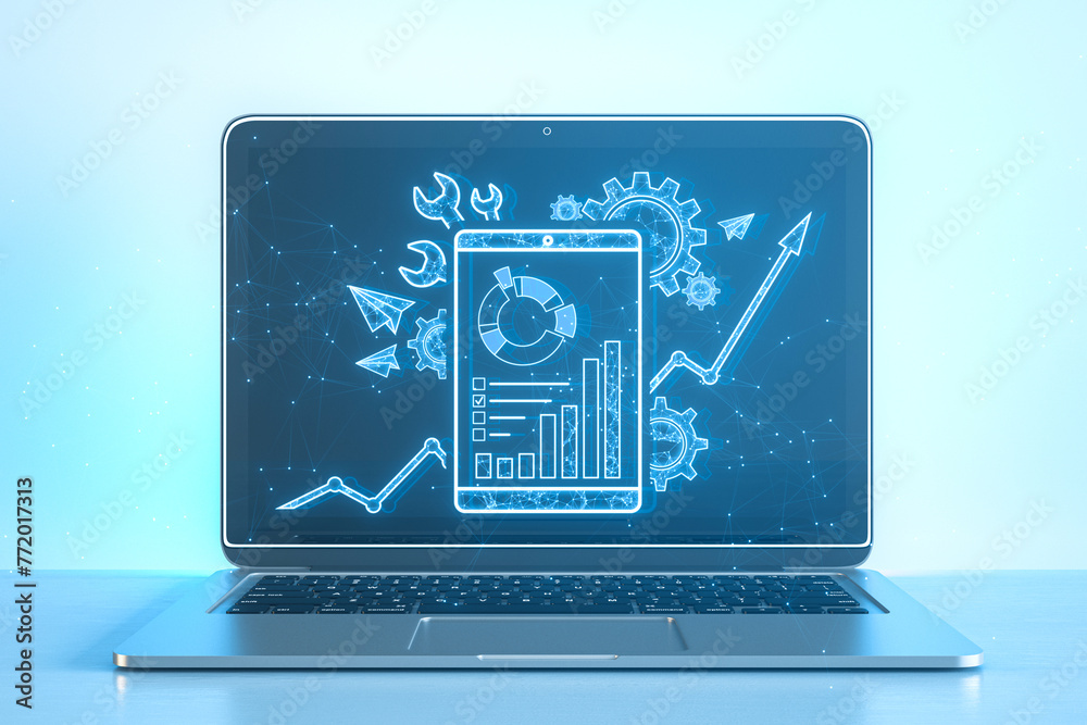 Poster Close up of laptop with creative polygonal interface with cogs and business chart on blue background. Project management, maintenance tool and online finance system concept. 3D Rendering.