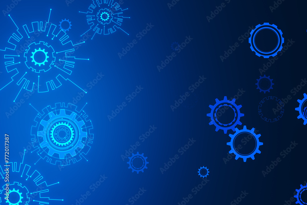 Poster creative digital cogs on blue texture. factory, production and machinery concept. 3d rendering.