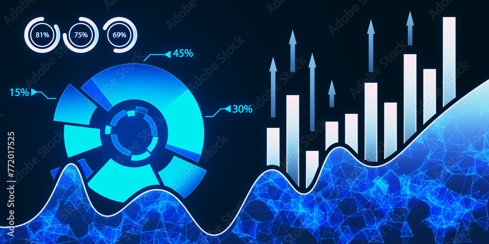Poster Creative digital business pie chart on dark background. Glowing stock market analysis and big business data analysis. 3D Rendering.