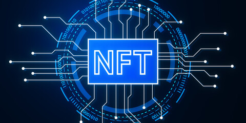 Creative glowing blue nft circuit hologram on dark background. Non fungible token and...