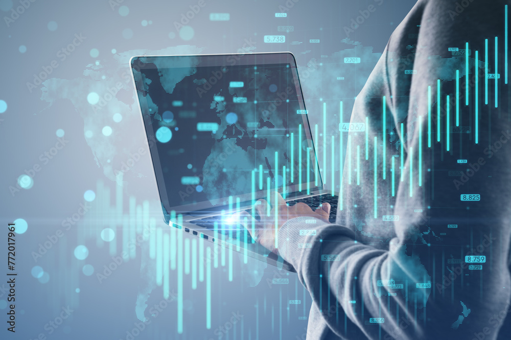 Poster Headless hacker hands using laptop with growing blue forex chart and map hologram on blurry background. Banking, hacking, malware, invest and financial growth concept. Side view.
