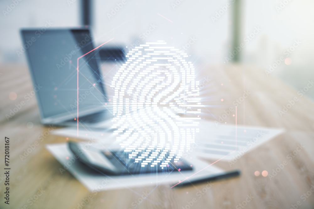 Poster double exposure of virtual creative fingerprint hologram on blurry calculator with laptop background
