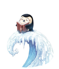 Penguin reading a book on ice - obrazy, fototapety, plakaty