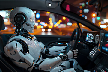 advanced humanoid robot driving a modern car generative by ai