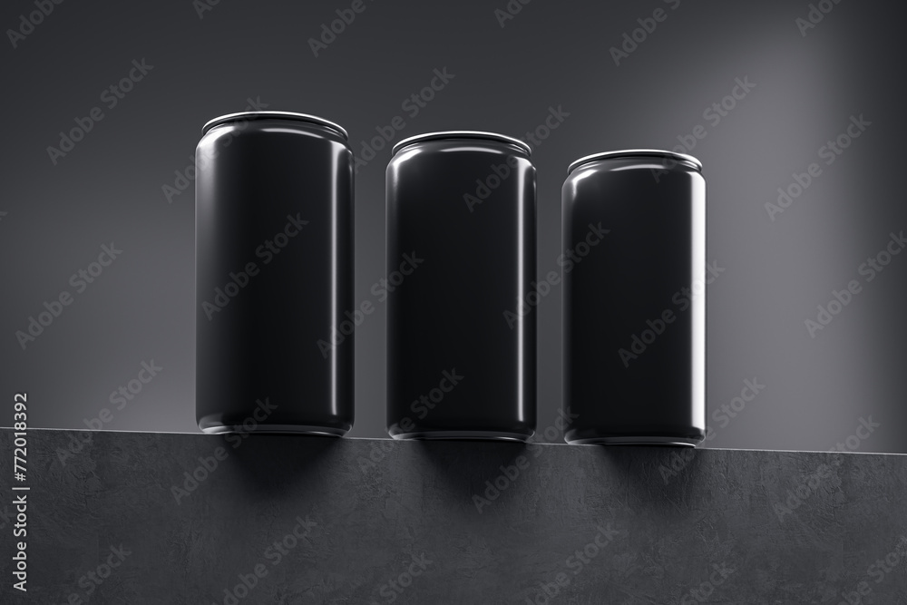 Poster Three empty white drink cans on light backdrop with mock up place. Beverage and food ad concept. 3D Rendering.