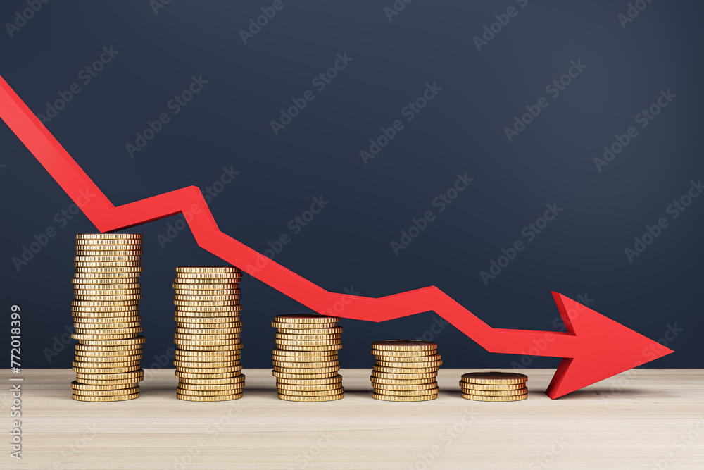 Poster stacks of coins with a red arrow indicating a downturn on a dark background, concept of financial cr