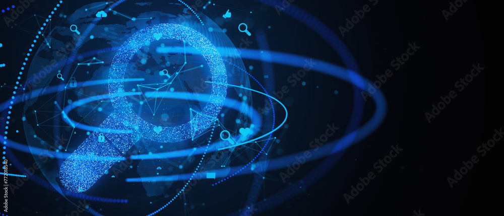 Poster Digital global network and data exchange concept in blue neon on a dark background with nodal points and icons. 3D Rendering
