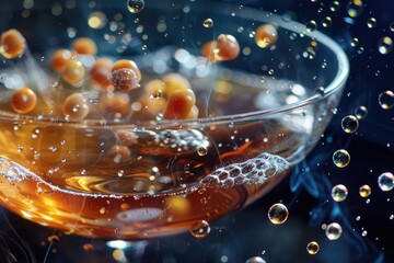 Bursting bubbles of simmering soups suspended in space, creating an otherworldly culinary spectacle.