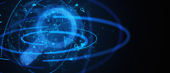 Digital global network and data exchange concept in blue neon on a dark background with nodal...