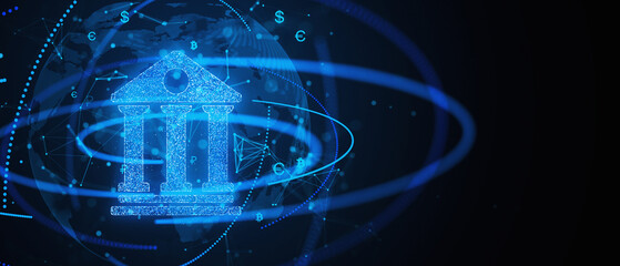 Digital financial icons with neon bank symbol on a futuristic blue cyberspace background, concept of finance technology. 3D Rendering