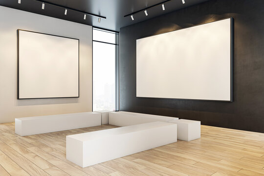Modern gallery with oversized white framed posters and city view. 3D Rendering