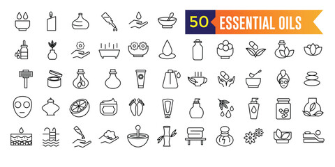Essential oils icons set. Set of oils vector icons for web design isolated icon collection. Outline icon collection. Editable stroke.