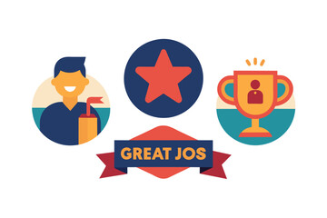 Job and great job stickers. School reward, encouragement stamp. Student icon. Vector illustration