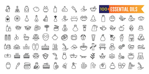 Fototapeta na wymiar Essential oils icons set. Set of oils vector icons for web design isolated icon collection. Outline icon collection. Editable stroke.