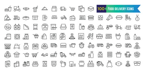 Fototapeta na wymiar Food delivery service icons set. Outline set of food delivery service icons design isolated.. Outline icon collection. Editable stroke.