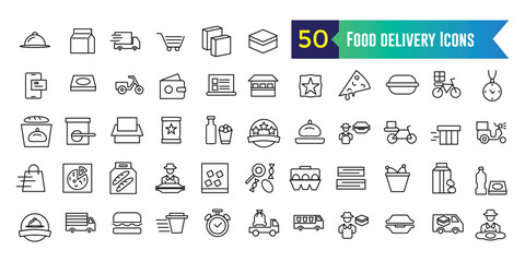 Food delivery service icons set. Outline set of food delivery service icons design isolated.. Outline icon collection. Editable stroke.