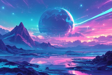 A digital artwork featuring a fantastical landscape.  A large, glowing sphere floats in the sky  above a mountain range and a lake.