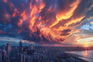 Dynamic cloudscape over a bustling city  focusing on the contrast between nature and urban life
